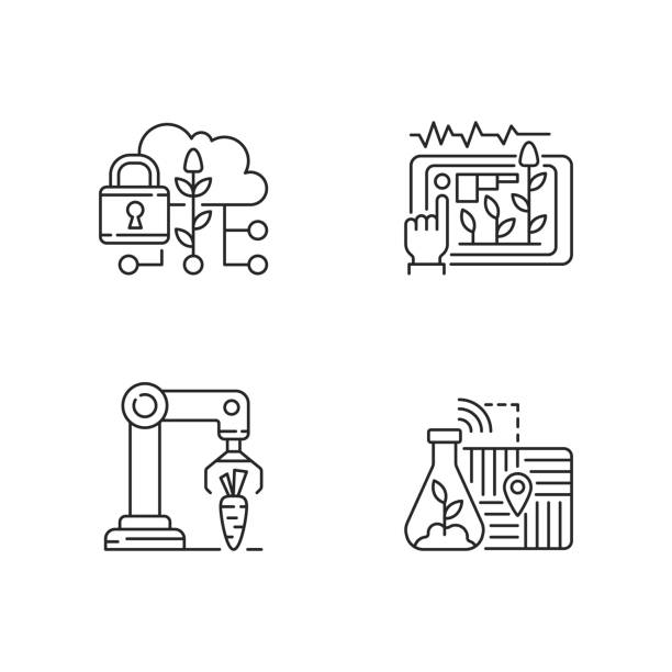 Automation of agronomy linear icons set Automation of agronomy linear icons set. Soil sampling. Data security in agriculture. Yield prediction. Customizable thin line contour symbols. Isolated vector outline illustrations. Editable stroke iot logo stock illustrations