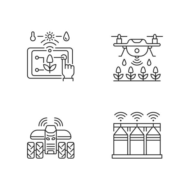 Precision agriculture linear icons set Precision agriculture linear icons set. Automation in horticulture. Smart farm. Crop storage. Customizable thin line contour symbols. Isolated vector outline illustrations. Editable stroke precision agriculture stock illustrations