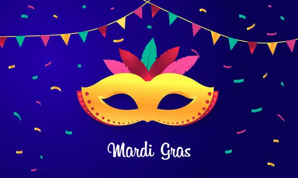 Vector illustration of Carnival party template with realistic party mask on blue background