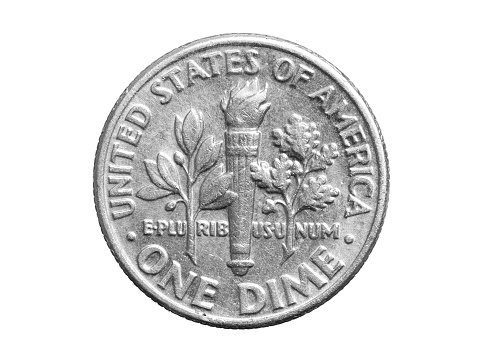 one dime coin isolated on white background