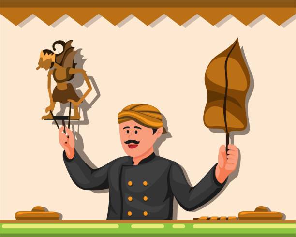 Wayang is traditional leather puppet show from Javanese indonesia concept in cartoon illustration vector Wayang is traditional leather puppet show from Javanese indonesia concept in cartoon illustration vector wayang kulit stock illustrations