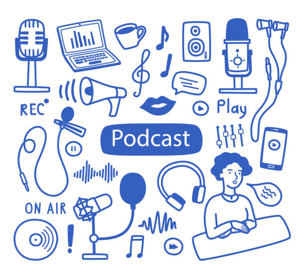 A set of contour elements and labels on the topic of recording podcasts, various microphones, a laptop, sound images. A set of contour elements and labels on the topic of recording podcasts, various microphones, a laptop, sound images. Vector illustration in the doodle style, for banners, websites, packaging. drawing-of-the-children-singing stock illustrations