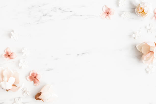istock Flowers composition. White and pink flowers on marble background. Flat lay, top view 1300292702