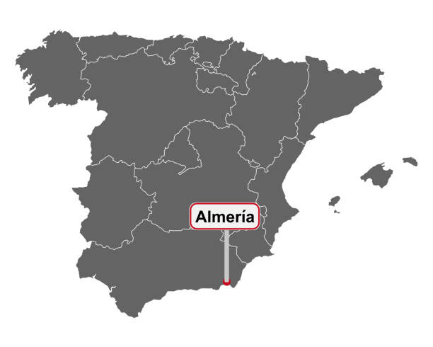 ilustraciones, imágenes clip art, dibujos animados e iconos de stock de lugar nombre signo almería en el mapa de españa - almeria