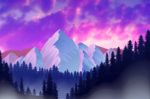 ilustrações de stock, clip art, desenhos animados e ícones de mountain landscape at sunset with clouds - mountain mountain range snow cloudscape