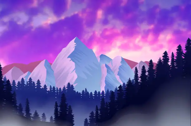 Vector illustration of Mountain Landscape at Sunset with Clouds