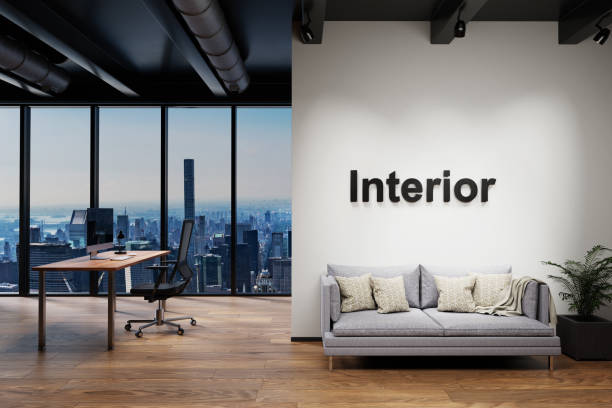 istock modern clean office waiting area reception with skyline view, wall with interior lettering, 3D Illustration 1300298694