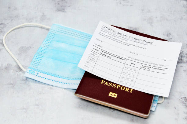 Coronavirus vaccination record card, biometric passport and blue medical mask on light gray desk Coronavirus vaccination record card, biometric passport and blue medical mask on light gray desk. Concept of defeating Covid-19. Vaccination as prerequisite for travel vaccine passport photos stock pictures, royalty-free photos & images
