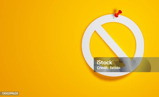 Pin Paper Forbidden Symbol On Yellow Background Stock Photo - Download Image Now - Forbidden, 'No' Symbol, Rebellion