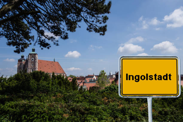 City Sign Ingolstadt Germany in Front of Church Cities of Germany ingolstadt photos stock pictures, royalty-free photos & images