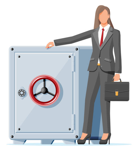 illustrazioni stock, clip art, cartoni animati e icone di tendenza di donna d'affari e cassetta di sicurezza metallica - coin bank cash box safety deposit box lock