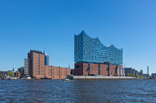 Hamburg, Germany – May 8, 2018: View from the Elbe river to the Hafencity district  with Elbe Philharmonic hall, office buildings and modern apartment buildings
