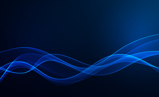 Blue wave design element on dark background. Science or technology design Wave flow blue