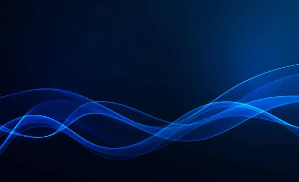 Vector illustration of Blue wave design element on dark background. Science or technology design Blue wave flow