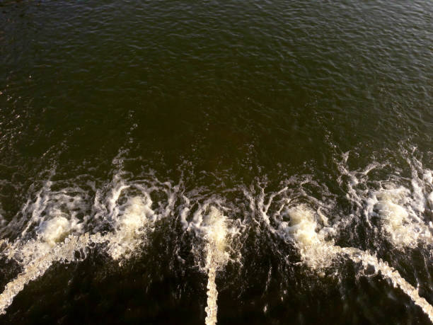 Part of an engineered repair barge on the water, top view. Moscow, Russia, July 23, 2020