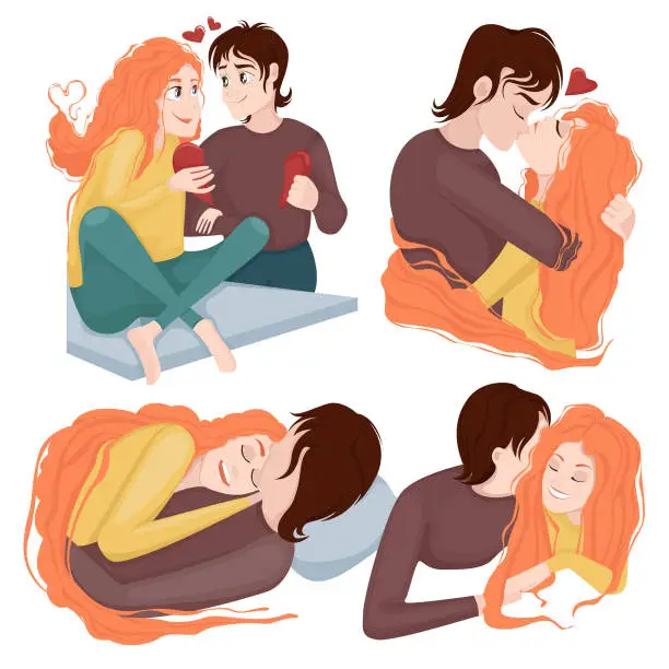Vector illustration of Set of couple in love for Valentine's Day, isolated on white background. Small guy and red-haired girl in an embrace and a kiss. Vector illustration