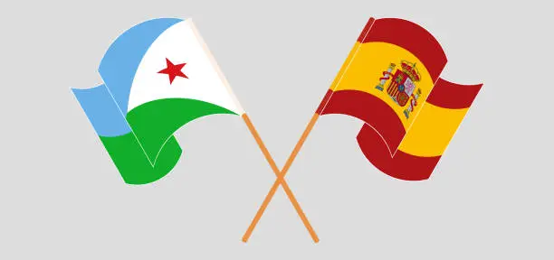 Vector illustration of Crossed and waving flags of Djibouti and Spain