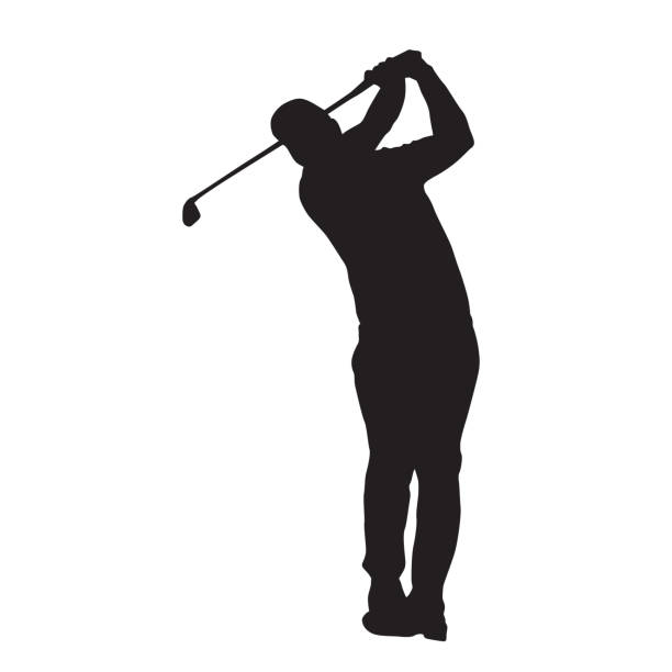 ilustrações, clipart, desenhos animados e ícones de silhueta isolada do vetor do jogador de golfe, vista frontal - golf golf swing men professional sport