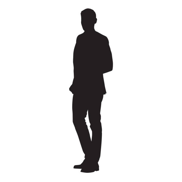 junger mann steht in jacke, vektor isoliert eissilhouette - single object backgrounds white background side view stock-grafiken, -clipart, -cartoons und -symbole