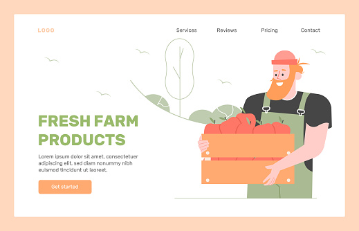 Fresh farm products. Local market. Landing page design concept. Cute man character with box of apples. Harvest, agriculture. Vector flat illustration.