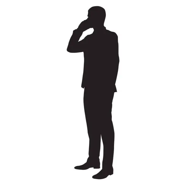 Vector illustration of Working businessman with cell phone, vector silhouette