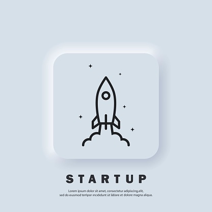 Startup rocket. Start up icon. Rocket launch and smoke. Startup project concept. Vector. UI icon. Neumorphic UI UX white user interface web button.