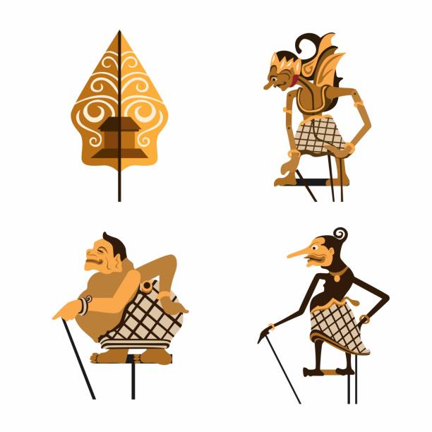 ilustraciones, imágenes clip art, dibujos animados e iconos de stock de wayang también conocido como títere de cuero. indonesia colección de símbolos de marioneta tradicional concepto conjunto en vector de ilustración de dibujos animados plano - indonesia