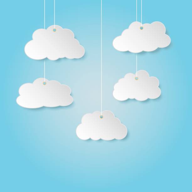 istock Paper clouds hanging on a rope. Mock up template for your design. Cloud shaped badge, tag, banner, label and bookmark with space for text. 1300312905