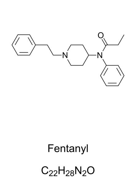 Fentanyl, synthetic opioid, chemical formula and skeletal structure Fentanyl, chemical formula and skeletal structure. Most used synthetic opioid in medicine as a pain medication and for anesthesia. Recreational drug, often mixed with other drugs. Illustration. Vector fentanyl stock illustrations