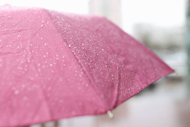 Raindrops running down wet pink umbrella closeup. Repair of umbrellas and accessories concept