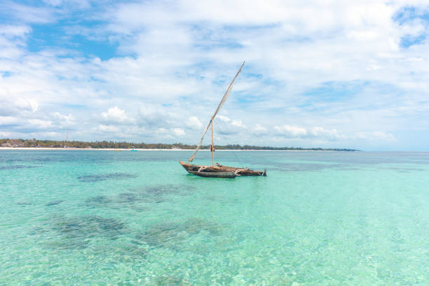 View of tropical sandy Nungwi beach and traditional wooden dhow boats in the Indian ocean on Zanzibar, Tanzania