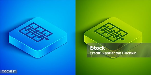 istock Isometric line Evacuation plan icon isolated on blue and green background. Fire escape plan. Square button. Vector 1300318211