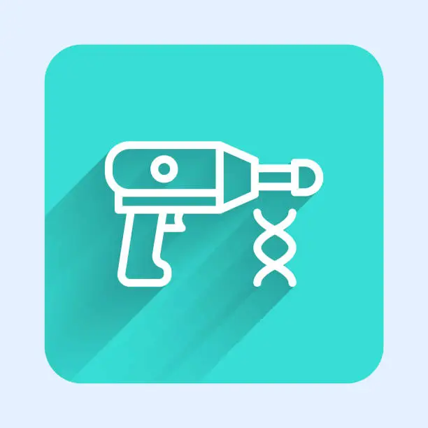 Vector illustration of White line Transfer liquid gun in biological laborator icon isolated with long shadow. Green square button. Vector