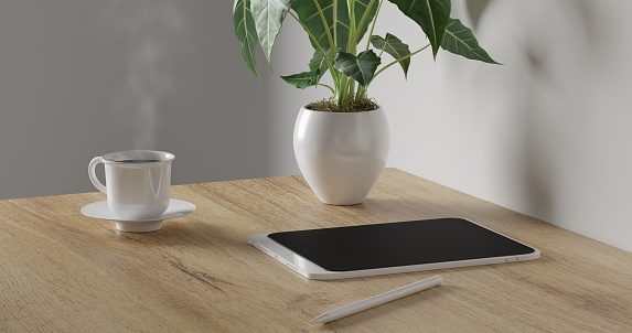 3d render Working desk with white background. tablet pencil, blank book, green plant and coffee cup on wood table. minimal workspace. simple wall interior design concept template.