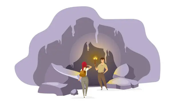 Vector illustration of Explorers in cave flat vector illustration. Expedition group inside old mountain. Man standing with torch. Woman observing tunnel. Journey to ancient cavern. Tourists cartoon characters