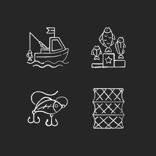 istock Fishing gear chalk white icons set on black background 1300321006