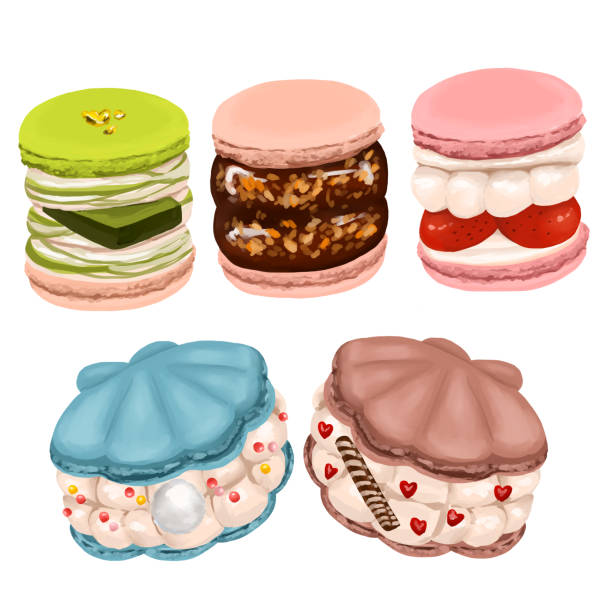 illustrazioni stock, clip art, cartoni animati e icone di tendenza di dolci coreani alla moda macaroon tunkalon conchiglia macaroon set - travel simplicity multi colored japanese culture