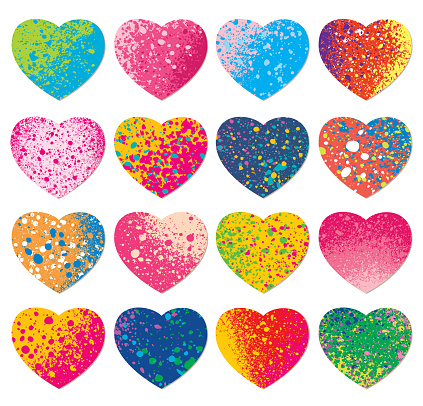 Vector collection of heart shapes made with colorful paint spray textures. Colorful and expressive vector image.