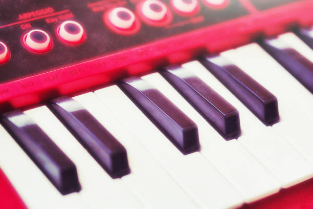 istock Modern synthesizer in red, with flashing lights, for making electronic music 1300321320