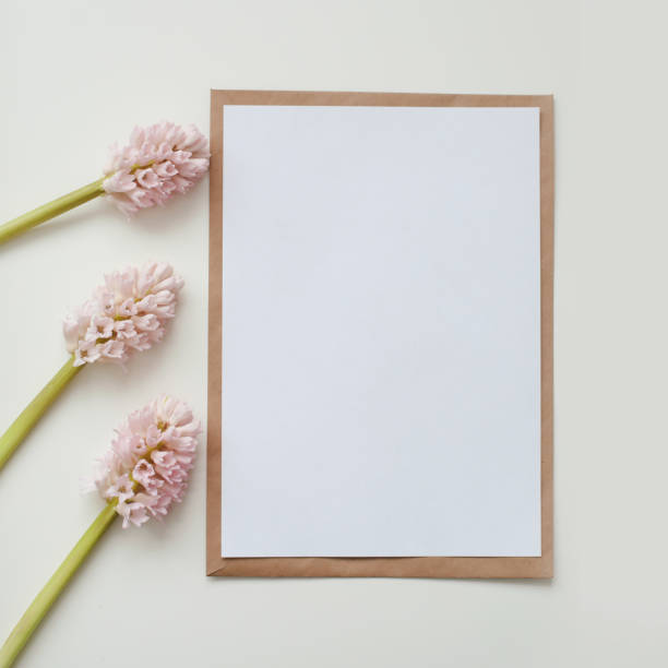 istock mockup with pink flowers and blank paper with copy space. 1300324466