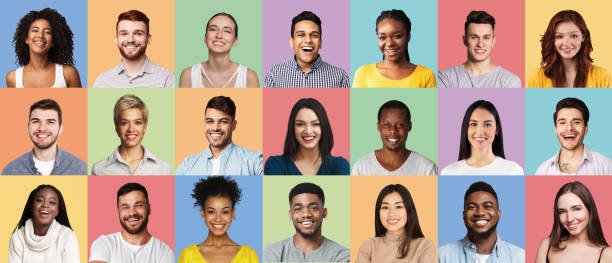 istock Positive Multiethnic People Faces Collage Over Different Colored Backgrounds, Panorama 1300328316