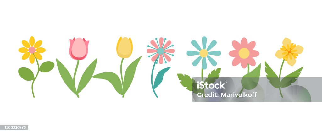 Set Of Cute Flowers In Pastel Colors Isolated On White Background Stock  Illustration - Download Image Now - iStock