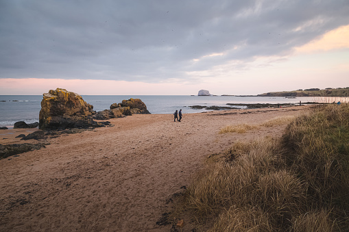 A winter afternoon on Milsey Bay Beach in North Berwick, Scotland looking out to Bass Rock.