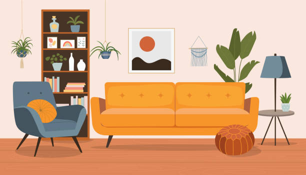 거실 인테리어. 편안한 소파, 책장, 의자 및 집 식물. 벡터 플랫 스타일 만화 일러스트레이션. - couch stock illustrations