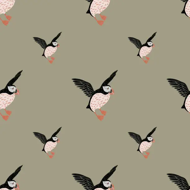 Vector illustration of Minimalistic seamless pattern with black doodle puffin bird shapes. Beige background. Pastel palette artwork.