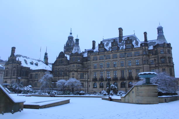 Snow over the Sheffield city centre and Town hall