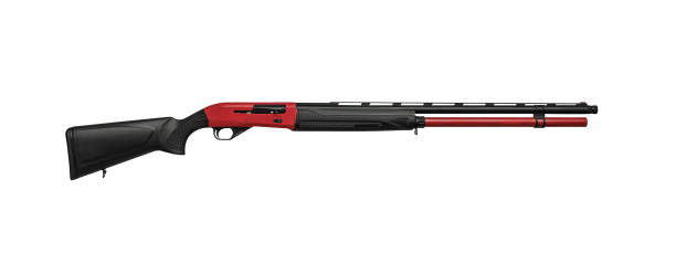Modern black semi-automatic shotgun with blue accents isolate on a white background. Weapons for sport and hunting.