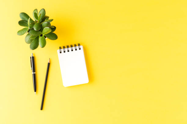 istock Business accessories on yellow table with copyspace. Office desktop 1300336213