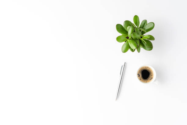 istock Office desktop concept with coffee, pen and small succulent isolated on white background with copyspace. Modern workplace 1300336662