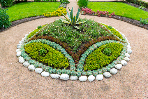ornamental flowerbed in front of the castle on the ground floor. The planting of annuals is in the shape of a circle with a moon shape. tree roses, stars, c moon, beige threshing sand, broderie, elipse, oval\nscoop